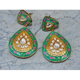 Green Enamel Polki Diamond Dangler Earrings